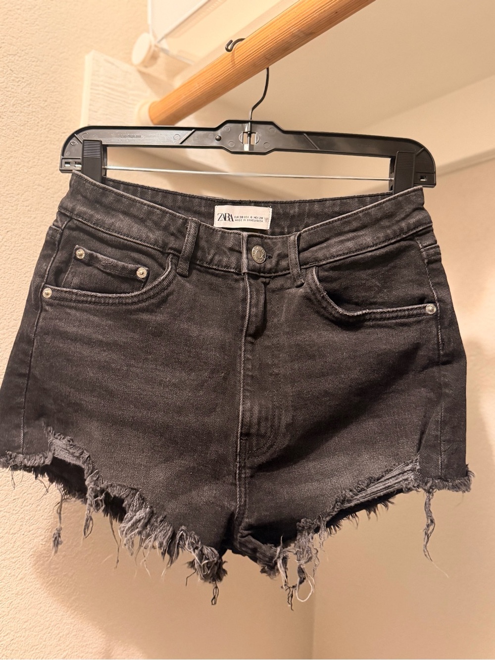 ZARA Black Distressed High-Rise Denim Shorts